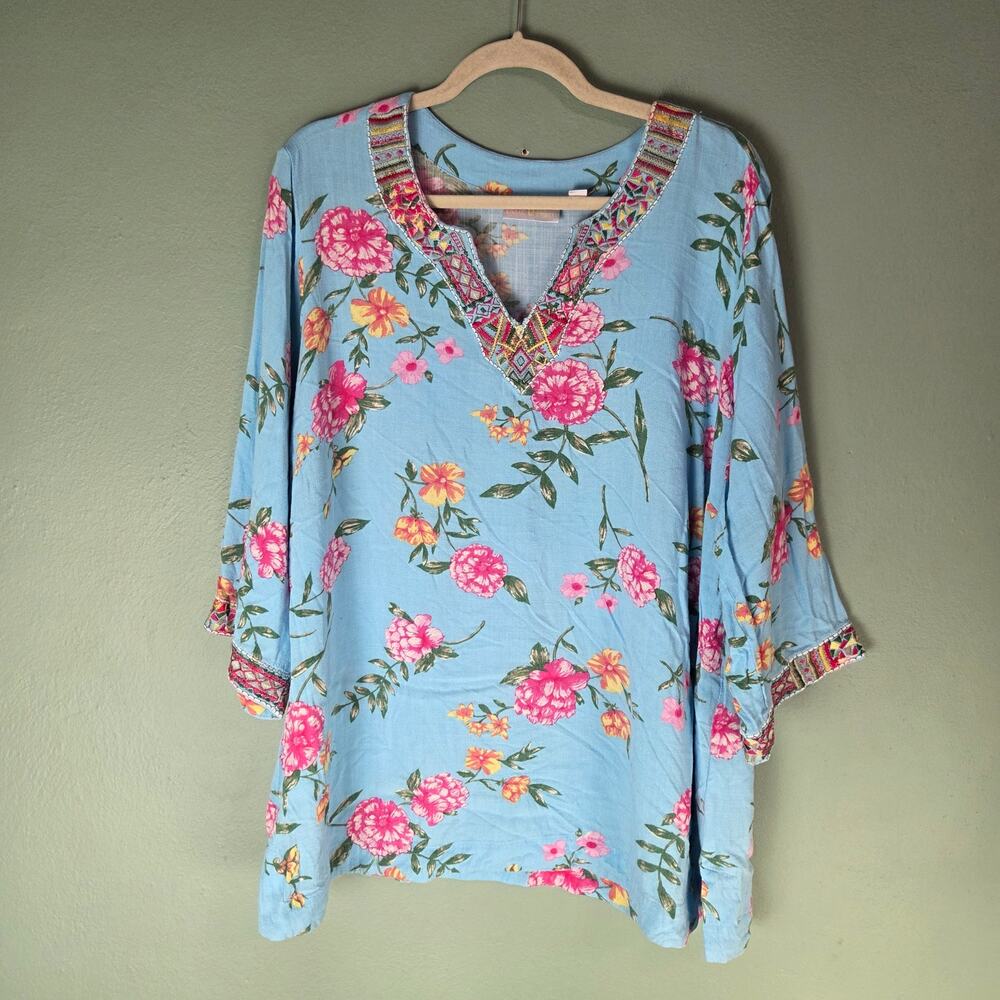 Belle By Kim Gravel Womens 1X Blue Allover Floral Print Embroidered Blouse Top